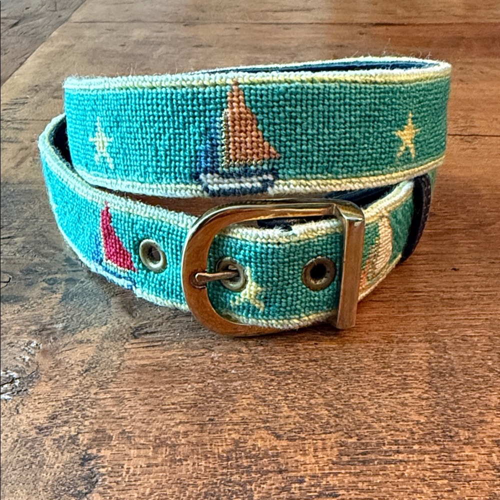 Sailboat & Stars Aqua Needlepoint Belt